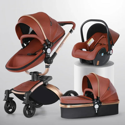 3-in-1 Luxury High-view Baby Stroller with Car Seat Foldable Newborn Baby Stroller PU Leather Two-way Baby Stroller