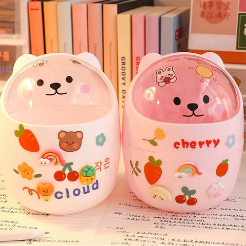 Ins Style Creative Cute Home Desktop with Lid Trash Can Small Mini Kawaii Bedroom Desk Storage Box Pen Holder Give A Sticker