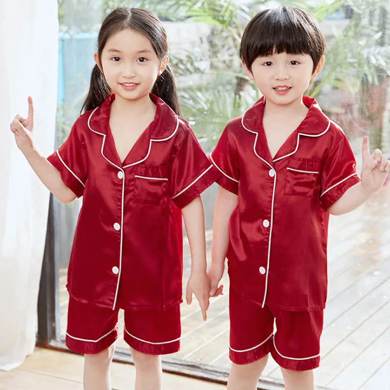 Summer Short Sleeve Satin Pajamas Silk Fabric Girls Sleepwear Boys Nightwear Solid Children's Pajama Sets Pyjamas Boy Baby Wear
