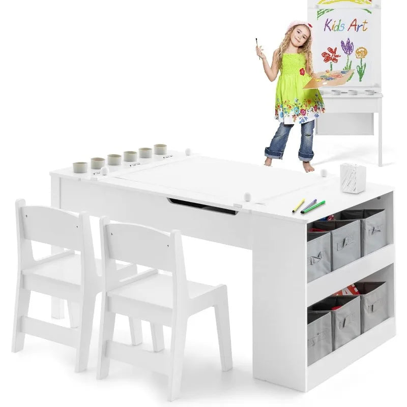 2 in 1 Kids Art Table and Chair Set, Toddler Craft Play Wood Activity Desk with 2 Chairs Storage Canvas Bins Paper Roll