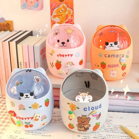 Ins Style Creative Cute Home Desktop with Lid Trash Can Small Mini Kawaii Bedroom Desk Storage Box Pen Holder Give A Sticker