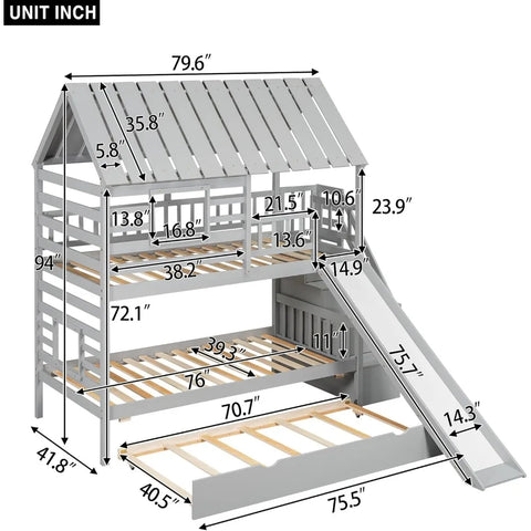 Kids Twin Over Twin Bunk Beds with Slide and Trundle, Bed Frame with Stairs and Storage, Playhouse Bunk Bed with Roof and Window