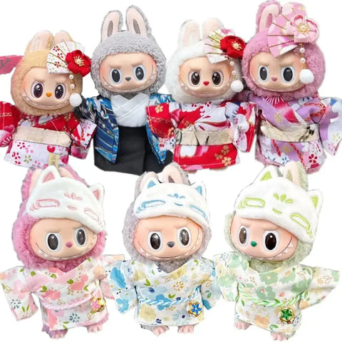 For 15/17cm Labubu Doll Summer Fresh Style Japan Kimono Set Gentle Light Color Clothes Doll Accessories