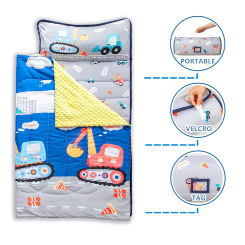 Nap Mats for Preschool Slumber Bags for Boys Girls Toddler Bedding Sleeping with Removable Pillow and Fleece Blanket Cartoon