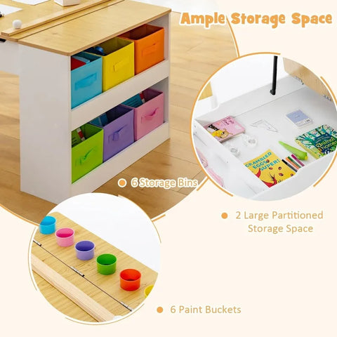 2 in 1 Kids Art Table and Chair Set, Toddler Craft Play Wood Activity Desk with 2 Chairs Storage Canvas Bins Paper Roll