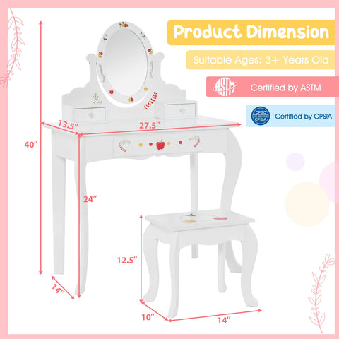 Kid Vanity Table Stool Set Dual-use Rotatable Mirror Whiteboard 4 Markers