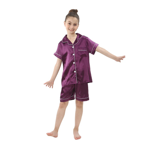 Summer Short Sleeve Satin Pajamas Silk Fabric Girls Sleepwear Boys Nightwear Solid Children's Pajama Sets Pyjamas Boy Baby Wear