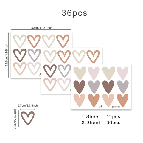 36pcs Heart Shape Trendy Boho Style Wall Stickers Bohemian Wall Decals for Living Room Bedroom Nursery Room Kids Room Home Decor