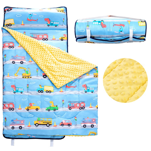 Nap Mats for Preschool Slumber Bags for Boys Girls Toddler Bedding Sleeping with Removable Pillow and Fleece Blanket Cartoon
