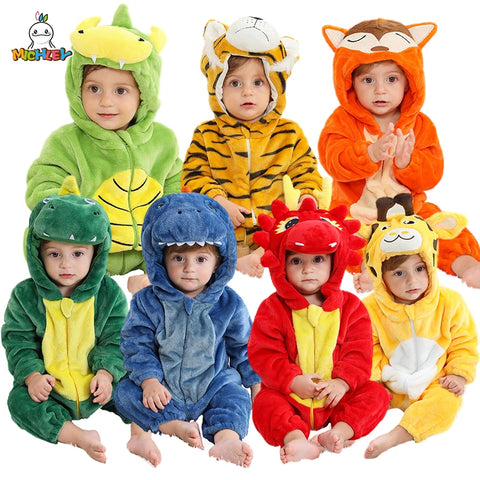 MICHLEY Carniva Baby Rompers Winter Clothes Flannel Hooded Bodysuits Pajamas Animals Overall Jumpsuit For Girls BoysK ids