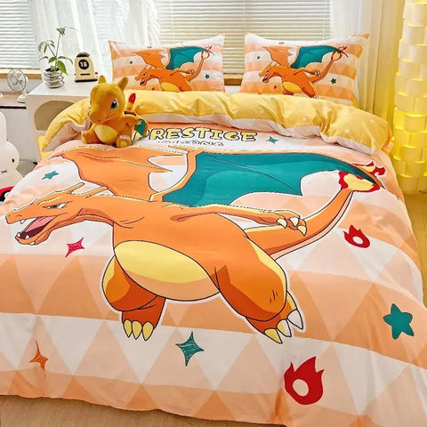 Pokemon Series Eevee Dragon 100% Cotton 4-piece set, Children's Cartoon 3-piece set of Sheet Pillowcase Quilt Cover