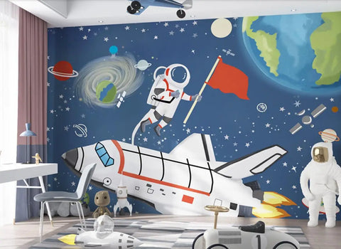 Custom 3D Wallpaper Mural Astronaut Cartoon Kids Room Background Earth Universe Pintado De Pared - Personalized Wall Art