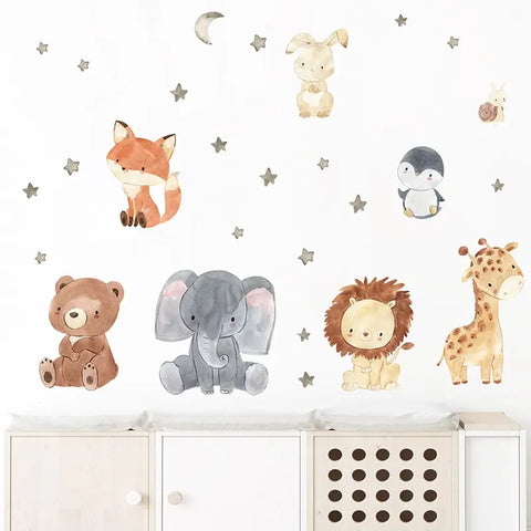 2PC Cartoon Cute Africa Animals Wall Stickers Elephant Giraffe Bear Fox Kids Room Kindergarten Home Decoration