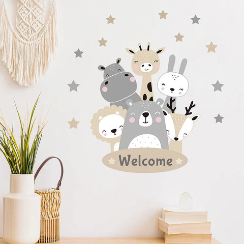 2PC Cartoon Cute Africa Animals Wall Stickers Elephant Giraffe Bear Fox Kids Room Kindergarten Home Decoration