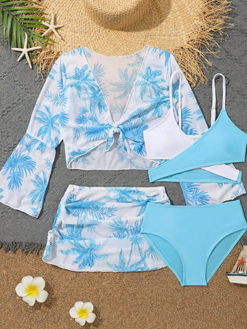 Girls 4pack Coconut Palm Print Bikini Sets with Beach Skirt&Long Sleeve Crop Top Kids Swimsuit 7-12 Years Children's Swimwear