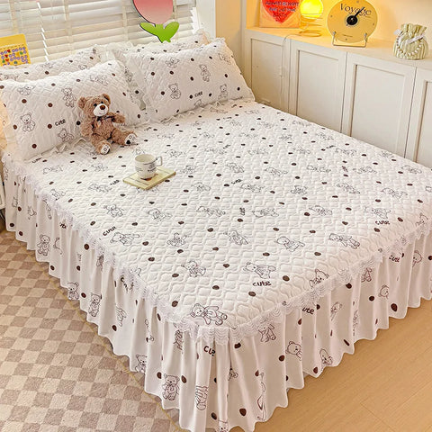 Bonenjoy Bed Skirt Cartoon Style Bed Cover Ruffled Bedsheet falda de cama Quilted Mattress Covers Lace Bedspread (No Pillowcase)