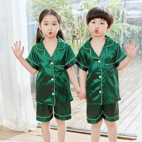 Summer Short Sleeve Satin Pajamas Silk Fabric Girls Sleepwear Boys Nightwear Solid Children's Pajama Sets Pyjamas Boy Baby Wear