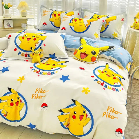 Pokemon Series Eevee Dragon 100% Cotton 4-piece set, Children's Cartoon 3-piece set of Sheet Pillowcase Quilt Cover