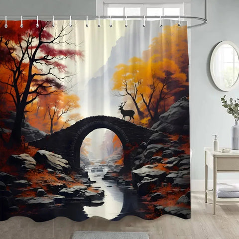 Japanese Style Flowers Bird Shower Curtain Abstract Mountain Red Floral Plant Ink Art Landscape Fabric Decor Bathroom Curtains