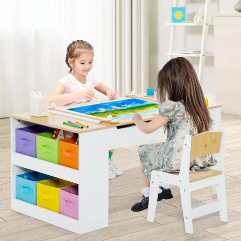 2 in 1 Kids Art Table and Chair Set, Toddler Craft Play Wood Activity Desk with 2 Chairs Storage Canvas Bins Paper Roll