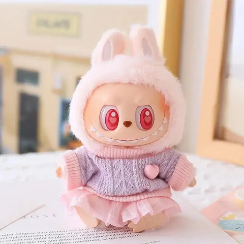 Mini Doll'S Clothes Outfit Accessories for 15-17cm Ropa Labubu & 10cm Cotton Doll Love Hoodie Pink Yarn Skirt Clothing no doll