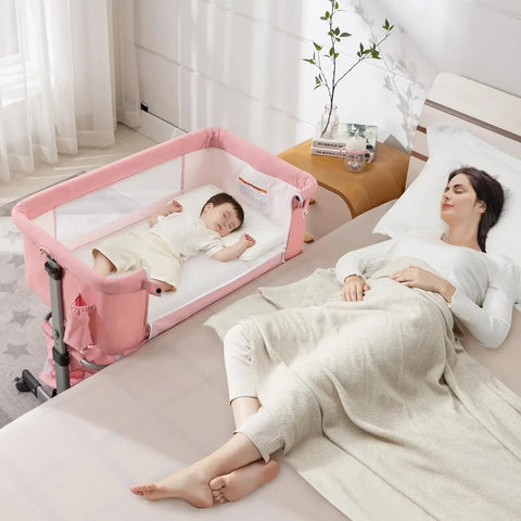 Baby Bassinet, Bedside Sleeper with Wheels, Heigt Adjustable, for Infant/Baby/Newborn Girls & Boys 0-6 Months, Pink