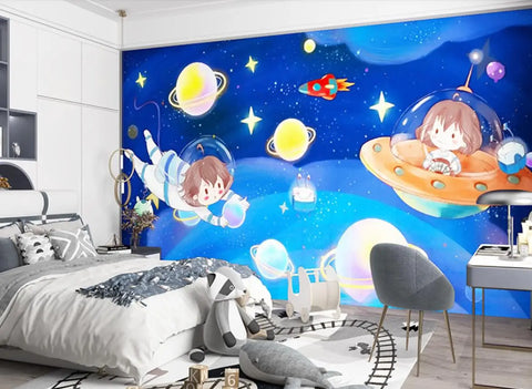 Custom 3D Wallpaper Mural Astronaut Cartoon Kids Room Background Earth Universe Pintado De Pared - Personalized Wall Art