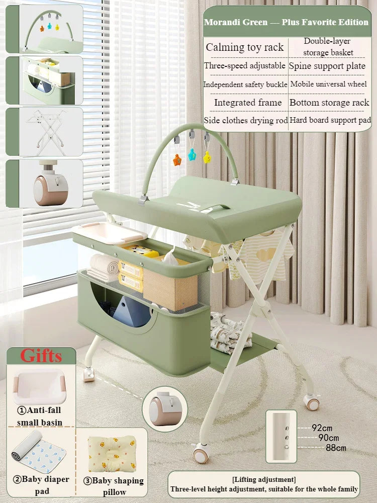 Foldable Diaper Changing Table with Drying Rack Toy Rack Storage Basket Height Adjustable Multifunctional Mobile Baby Care Table