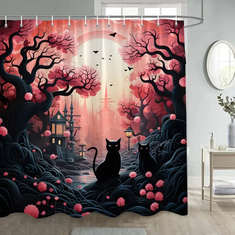 Japanese Style Flowers Bird Shower Curtain Abstract Mountain Red Floral Plant Ink Art Landscape Fabric Decor Bathroom Curtains