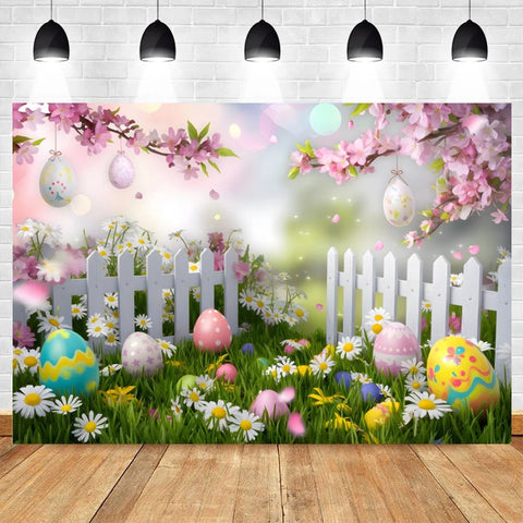 Happy Easter Backdrop for Photography Spring Easter Rabbits Colorful Eggs Forest Flower Fence Background Photo Studio Props