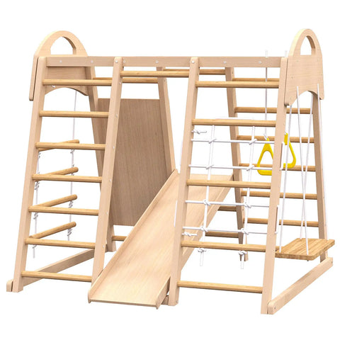 7-in-1 Indoor Jungle Gym Playset for kids 2-6 Years - Slide, Climbing Wall, Swing, Monkey Bars - Montessori Wooden Playground