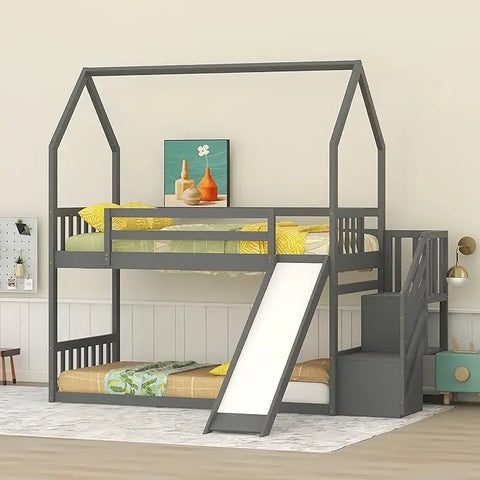 House Bunk Beds with Slide Wood Twin Bunk Bed with Stairs for Kids, House Bunk with Roof for Boys or Girls, Beds House