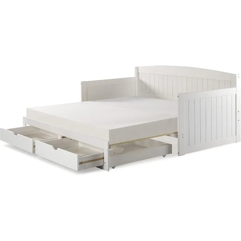 Harmony Wood Daybed, Single, White Brazilian Pine Trundle Bed for Sleepovers with Kids, 2 Pull-Out Drawers, 440 lbs Weight