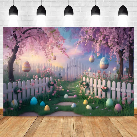 Happy Easter Backdrop for Photography Spring Easter Rabbits Colorful Eggs Forest Flower Fence Background Photo Studio Props