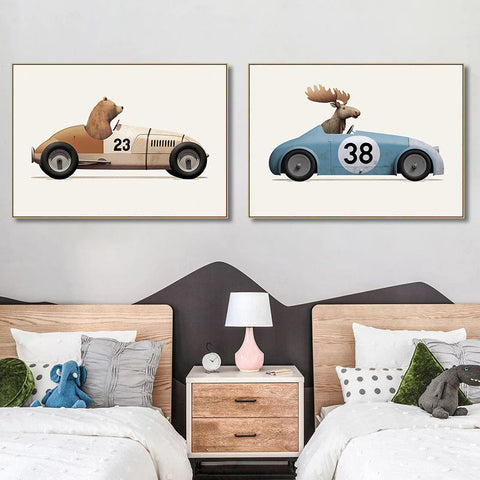 Funny Cartoon Animals Car Art Nursery Wall Poster Print Giraffe Bear Rabbit Children Kid Room Canvas Painting Home Decor Picture