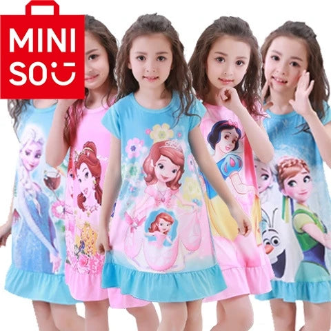 MINISO Girls Night Dress Summer Disney Cartoon Snow White Frozen Princess Elsa Mermaid Print Toddler Girl Nightgown for Teens