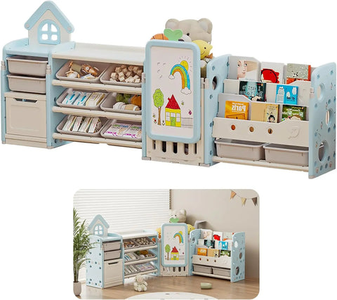 Kids Multifunctional Toy Storage Organizer with 3-Tier Bookshelf, Storage Rack & Drawing Board, Flexible L Shaped Organizer