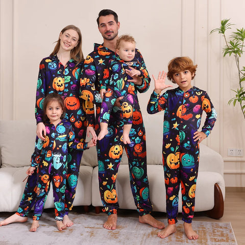 Hot Halloween One-Piece Pajamas Skeleton Pumpkin Print Family Matching Outfits Holiday Mother Kids Clothes Cute Baby Clothes