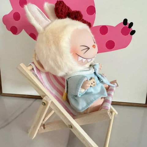 Cute Labubu Doll Chair Mobile Phone Holder & Summer Swimsuit Dress with Slippers Doll Shirt Sea Beach Style