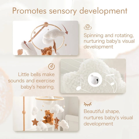 Baby Crib Mobile Rattle Toy Wooden Bed Bell Mobile Hanging Teddy Velvet Bear Doll Toy Newborn Music Box Crib Mobile Bracket Gift