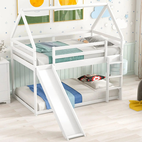 Kids Twin Over Twin Bunk Beds with Slide and Trundle, Bed Frame with Stairs and Storage, Playhouse Bunk Bed with Roof and Window