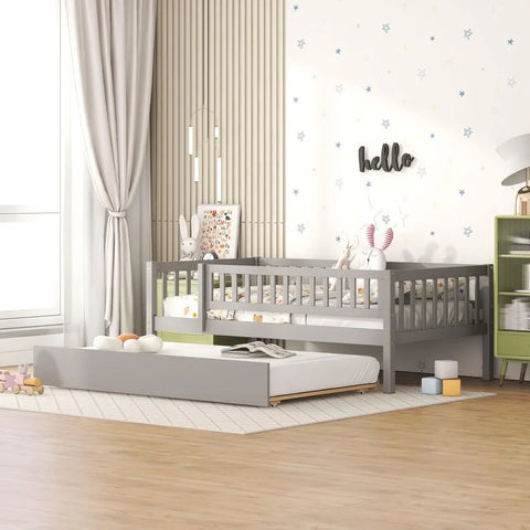 Twin Bed with Trundle, Kids Daybed Trundle Bed, Wooden Beds Frame with Fence Guardrails for Kids Children Toddlers Boys Girls