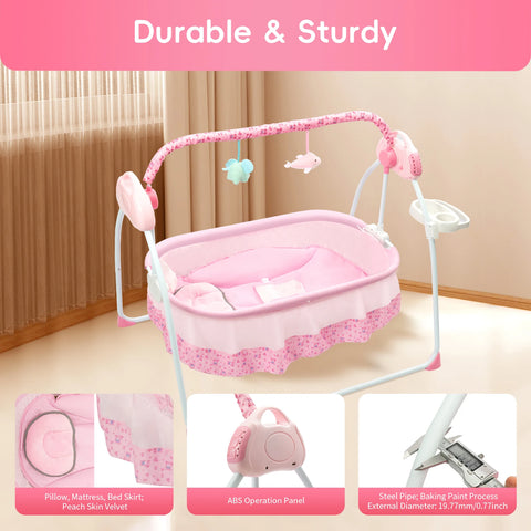 Electric Baby Cradle Swing, Foldable Bluetooth Baby Crib Cradle with Remote Control & Music, Auto-Swing Cradle Crib