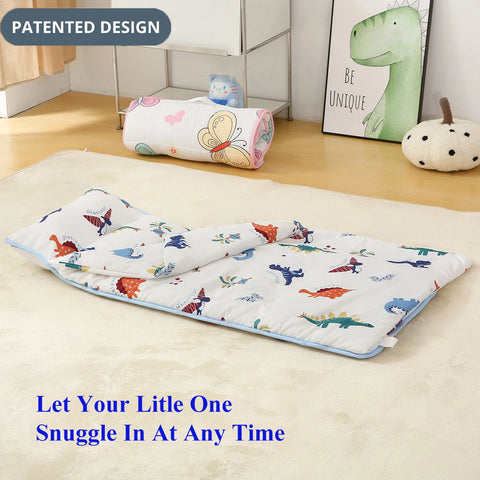 Dinosaurs Printed Sleeping Bag with Removable Pillow Soft Sleeping Mat for Boys Girls Preschool Ages 3-6 Years 100% Cotton