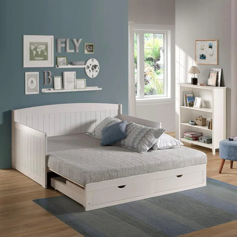 Harmony Wood Daybed, Single, White Brazilian Pine Trundle Bed for Sleepovers with Kids, 2 Pull-Out Drawers, 440 lbs Weight