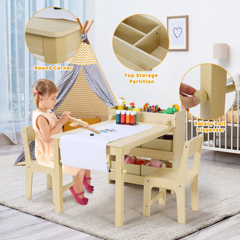 Kids Art Table and Chair Set with 2 Chairs Wooden Craft Table with Storage Shelves, Canvas Bins, Paper Roll, Kids Playroom Table