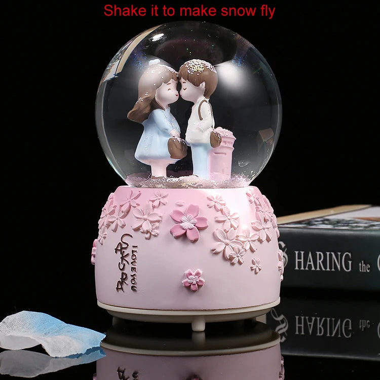 Glow Light Crystall Snow Globe Ball Music Box Couples Wife Girl Birthday Wedding Valentine's Day Gift Lovers Ornament