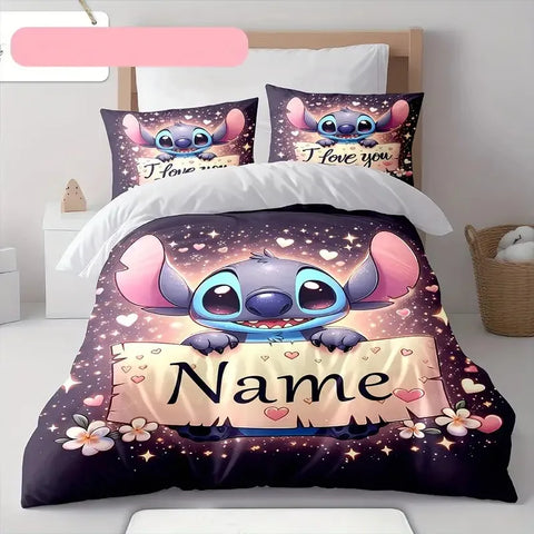 Customizable Stitch Anime Duvet Cover with 2 Pillowcases Cartoon Personalized Name Bedding Set for Women Children Teens