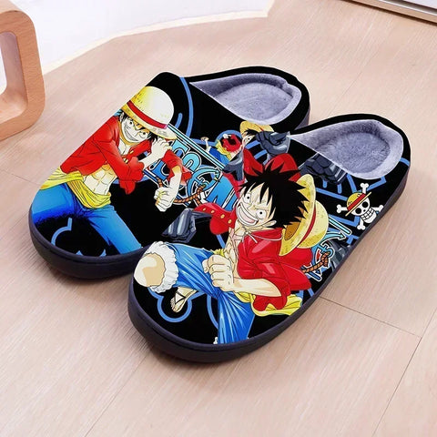 ONE PIECE Cartoon Warm Plush Cosplay Slippers Couple's Indoor Non-slip House Slides Men And Women Toe Wrap Home Cotton Shoes