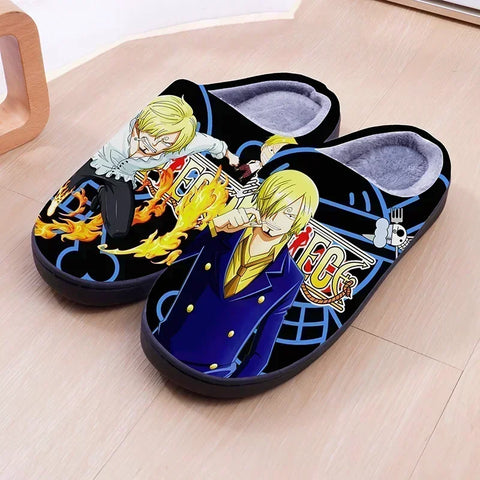 ONE PIECE Cartoon Warm Plush Cosplay Slippers Couple's Indoor Non-slip House Slides Men And Women Toe Wrap Home Cotton Shoes